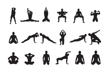 Fitness Silhouette Bundle Male & Female Workout Gym Yoga Exercise Vector Set