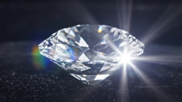 Brilliant cut diamond reflecting light with visible rays and rainbow effect, symbolizing luxury and preciousness