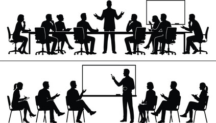 Silhouetted business team in two meeting scenes featuring conference table discussion and whiteboard presentation for corporate communication and training
