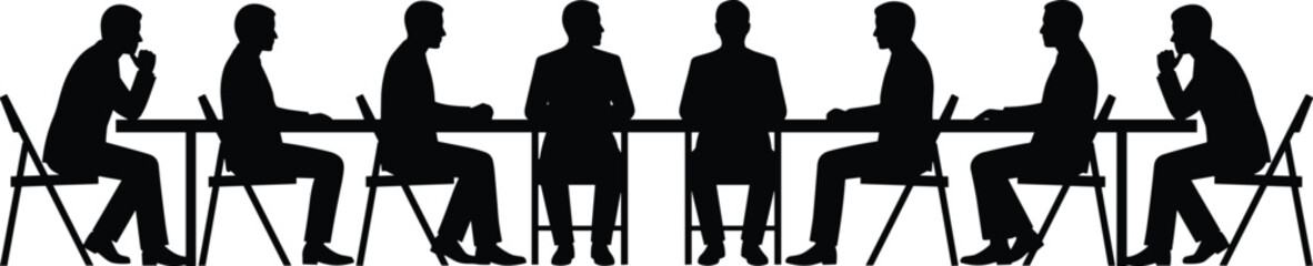 Silhouetted business team seated along long meeting table during corporate discussion, strategy planning, teamwork collaboration, professional communication, and decision making