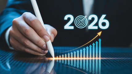 Achieving 2026 business goals, financial growth target, strategy and success concept with rising arrow bar graph using digital tablet