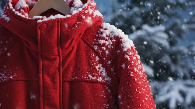 Atmospheric cinematic shot showing soft simulated snow lightly falling and gathering on the durable surface of a hanging bright red winter coat seasonal, frozen, protection