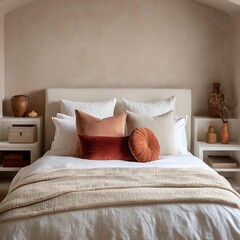 Obraz premium Serene Modern Bedroom Interior with Neutral Tones and Decorative Pillows