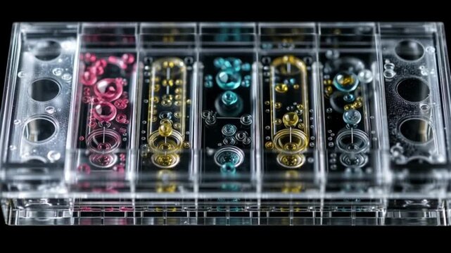 Organoid intelligence. OI. Biocomputing. Synthetic biology. Biological computation. Bioengineered tissue. Colorful bioengineered tissue samples in transparent vials.