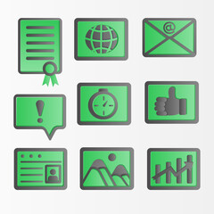 Green gradient icon set representing communication, data, approval, and time management.