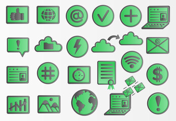 Green digital icons collection: email, cloud, data, and communication symbols.