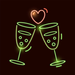 Neon celebration: glowing champagne glasses with heart for romantic occasions.