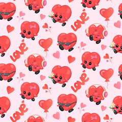 Cute valentine's day heart characters seamless pattern with balloons and headphones.