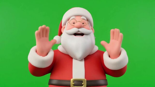 A cheerful Santa Claus waves both hands toward the camera with a jolly laugh motio