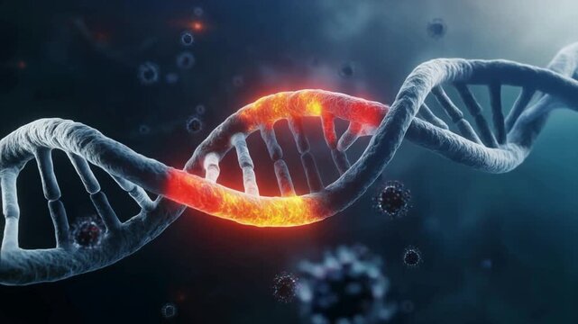 Abstract illustration of DNA strand with glowing red section, representing genetic mutation or scientific discovery in biotechnology and medicine