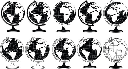 Set of world globes in detailed line art style featuring map outlines, rotation arrows, and stands for geography education and CAD drawing illustration
