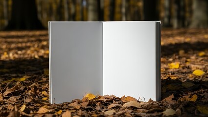 Open Blank Book with White Pages Resting on Autumn Leaves