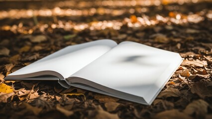 Open Blank Book with White Pages Resting on Golden Autumn Leaves