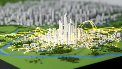Futuristic cityscape model with glowing connections over green landscape
