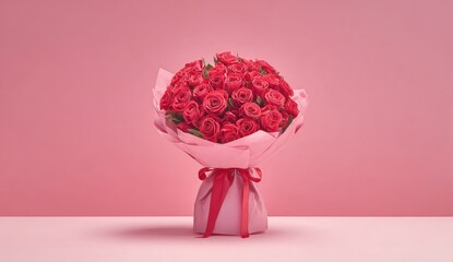 A bouquet of red roses, artfully arranged and wrapped in pink paper against a pink backdrop
