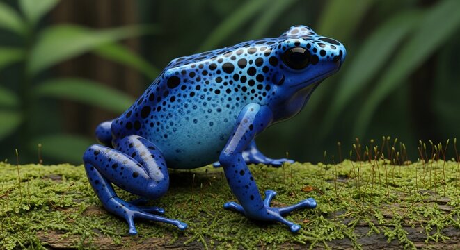 Vibrant Blue Poison Dart Frog on Mossy Branch.