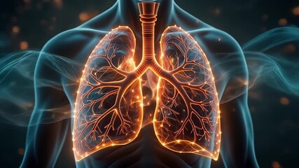 Abstract digital rendering of glowing human lungs within a translucent body, symbolizing advanced respiratory health, biological function, and medical science innovation in a futuristic visualization - Powered by Adobe