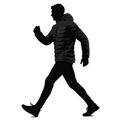 Puffer jacket man walking fast silhouette vector isolated white background
