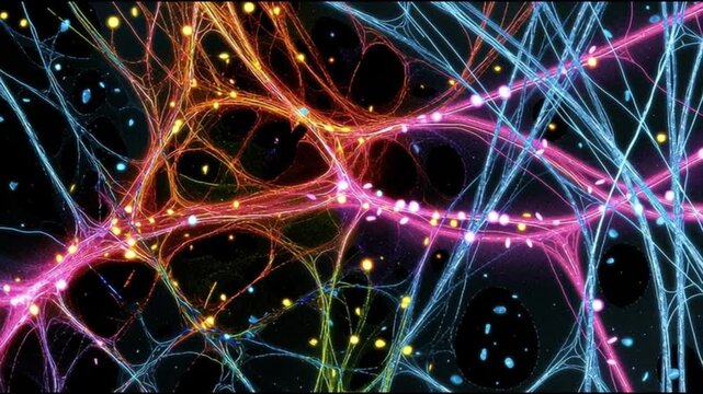 Organoid intelligence. OI. Biocomputing. Synthetic biology. Biological computation. Bioengineered tissue. Colorful neural network structures representing biological computation.