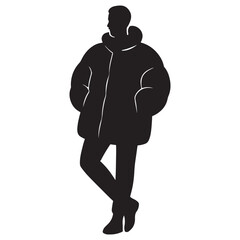 Obraz premium Stylish man silhouette wearing oversized winter puffer jacket vector illustration
