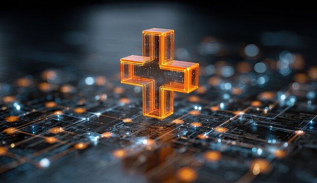Glowing translucent plus sign levitating over a circuit board with digital infrastructure - Powered by Adobe