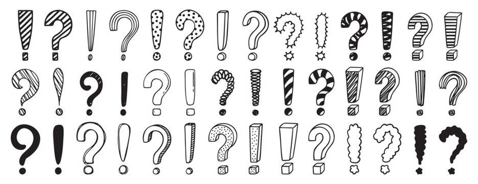 Doodle exclamation mark and question marks set. Hand drawn drawing punctuation symbols, creative ink stroke question exclamation mark icon set.