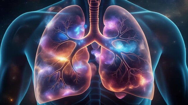 Digital illustration depicting the intricate human lung anatomy with glowing, colorful patterns, symbolizing respiratory health and energetic biological function