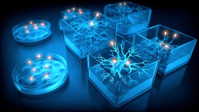 Organoid intelligence. OI. Biocomputing. Synthetic biology. Biological computation. Bioengineered tissue. Blue glowing neural organoids in transparent petri dishes.