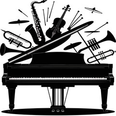 A bold black and white silhouette of a grand piano surrounded by various woodwind, percussion, and string instruments.