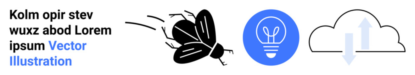 Innovation, nature, technology, science, eco-friendly ideas, cloud storage. A flying insect, a blue light bulb and a cloud with an arrow. Innovation and nature concepts highlighted