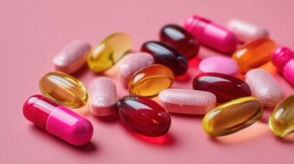 colorful health supplements softgel capsules omega-3, vitamins and tablets in shades of pink, red, yellow, scattered across pink background. Focus on wellness, medicine, pharmaceutical concepts