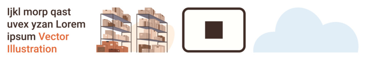 Distribution, logistics, digital storage, inventory management, cloud computing, data transfer. Warehouse shelves with boxes, a QR code and a cloud illustration. Logistics and digital storage