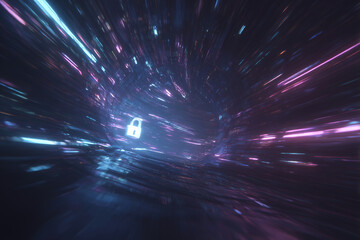 Futuristic cyber tunnel with glowing data streams and lock icon, digital security and encrypted data concept, cybersecurity and protected information visualization
