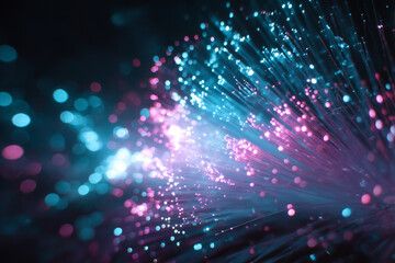 Glowing fiber optic cables transmitting secure data, abstract technology background representing high speed internet, communication networks and digital information flow