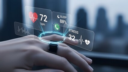 Smart ring displaying health metrics and data in a futuristic urban setting