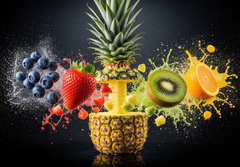 Vibrant Explosion of Fresh Fruits with Splashing Juice Effects