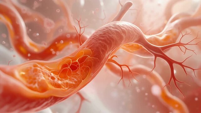 Vascular network illustration microscopic 3D render of intricate blood vessels and capillaries, revealing complex internal structure and cellular pathways for advanced biological and medical research