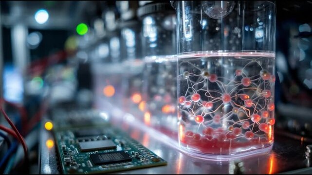 Organoid intelligence. OI. Biocomputing. Synthetic biology. Biological computation. Bioengineered tissue. A laboratory setting featuring bioengineered tissue in glass containers.