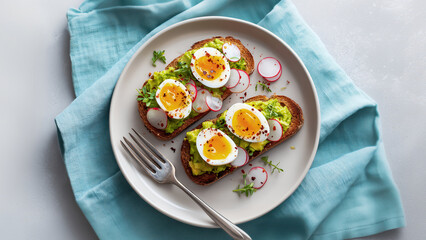 Overhead view of two slices of fictional toasted sourdough bread topped with avocados, eggs and thinly sliced radish on a white plate, placed onto a light blue napkin. Concept of Easter brunch.