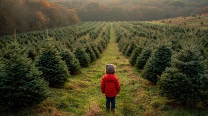 Fototapeta premium Child standing near rows of Christmas trees at farm