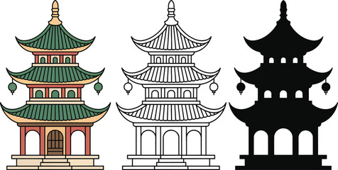 Fototapeta premium Pagodas silhouette & Outline and illustration set isolated on transparent background