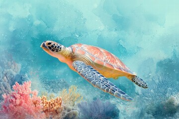 Fototapeta premium Majestic sea turtle swims peacefully through the ocean's embrace, exploring vibrant coral reefs beneath the waves. A true aquatic marvel.