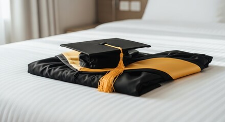 Graduation cap and gown folded on a striped bed