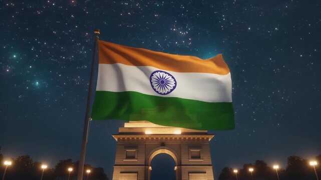 Indian Flag Waving with Red Fort, India Gate, and Parliament House &mdash; Cinematic Patriotic Monument Background 4K Animation