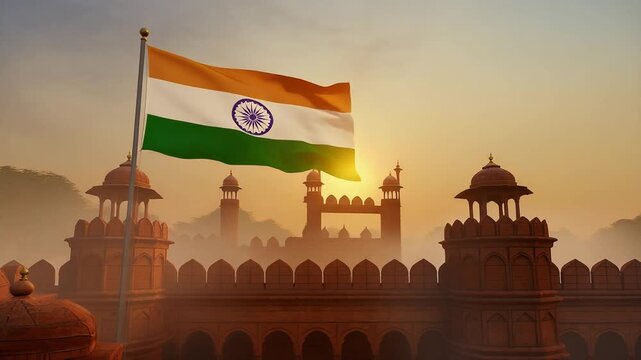 Indian Flag Waving with Red Fort, India Gate, and Parliament House &mdash; Cinematic Patriotic Monument Background 4K Animation