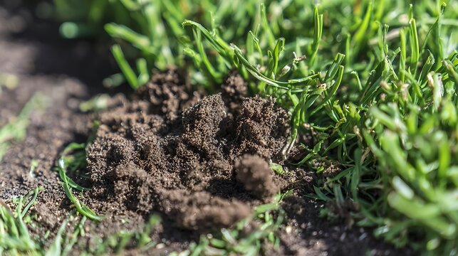 spodumene. Small depression in lawn with scattered soil fragments and textured ground. real-estate listings, architecture portfolios, designed for real-estate listing and luxury residence showcases.