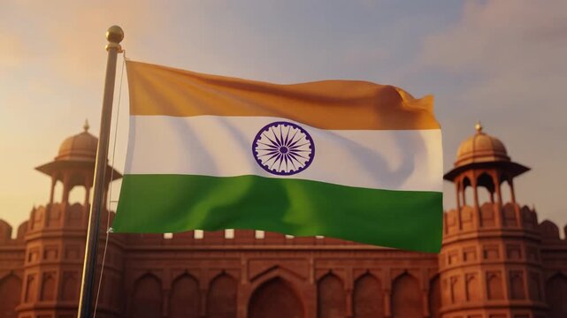 Indian Flag Waving with Red Fort, India Gate, and Parliament House &mdash; Cinematic Patriotic Monument Background 4K Animation