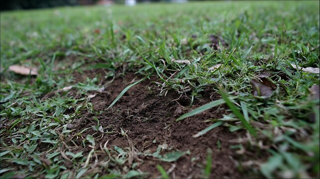 spodumene. Small depression in lawn with scattered soil fragments and textured ground. real-estate listings, architecture portfolios, designed for real-estate listing and luxury residence showcases.