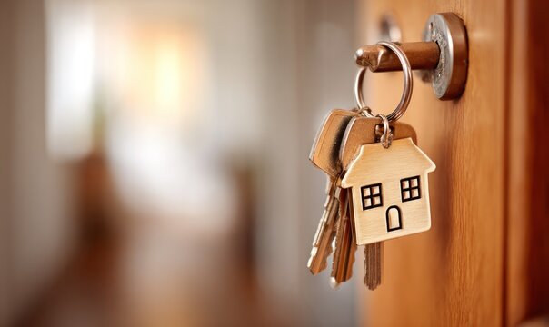 Close-up shows keys hanging in a wooden door. One key has a house-shaped fob