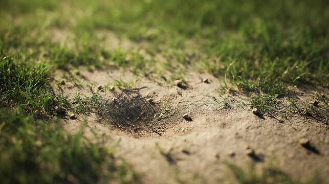 spodumene. Small depression in lawn with scattered soil fragments and textured ground. real-estate listings, architecture portfolios, designed for real-estate listing and luxury residence showcases.